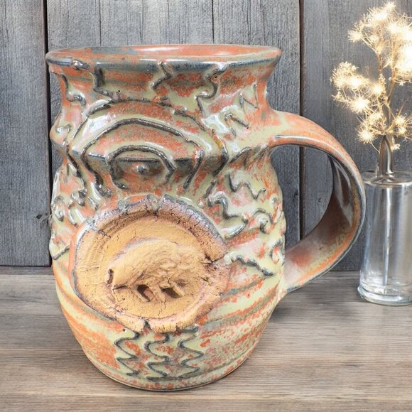 1991 Hand Made Stoneware Pottery Coffee Mug Cup Signed With Buffalo Medallion - Picture 1 of 13